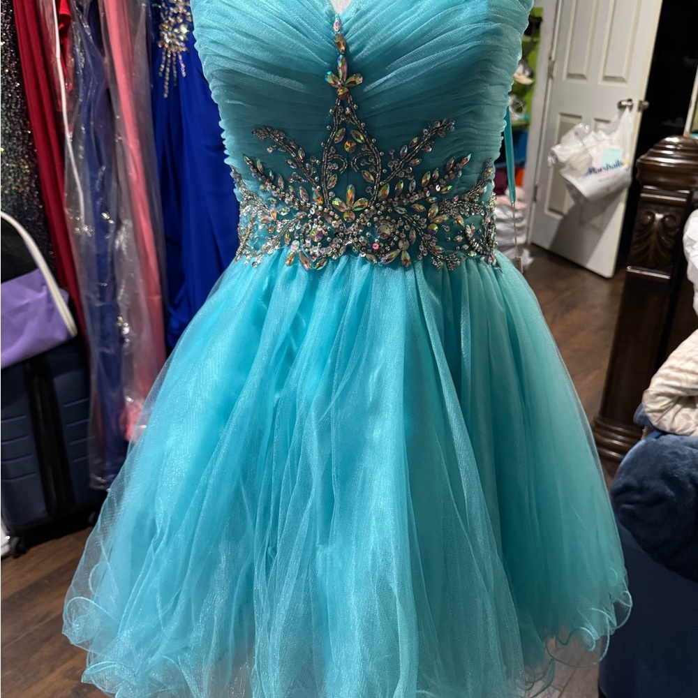 Strapless Turquoise Dress with Embellishments